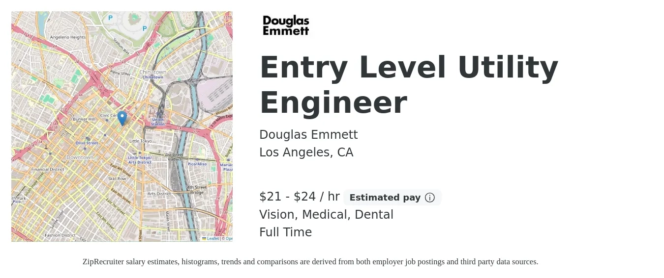 Douglas Emmett job posting for a Entry Level Utility Engineer in Los Angeles, CA with a salary of $22 to $25 Hourly and benefits including retirement, vision, dental, life_insurance, medical, and pto with a map of Los Angeles location.