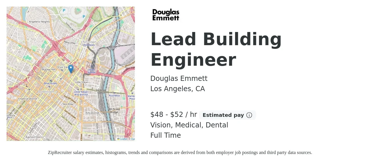 Douglas Emmett job posting for a Lead Building Engineer in Los Angeles, CA with a salary of $50 to $55 Hourly and benefits including life_insurance, medical, retirement, vision, and dental with a map of Los Angeles location.