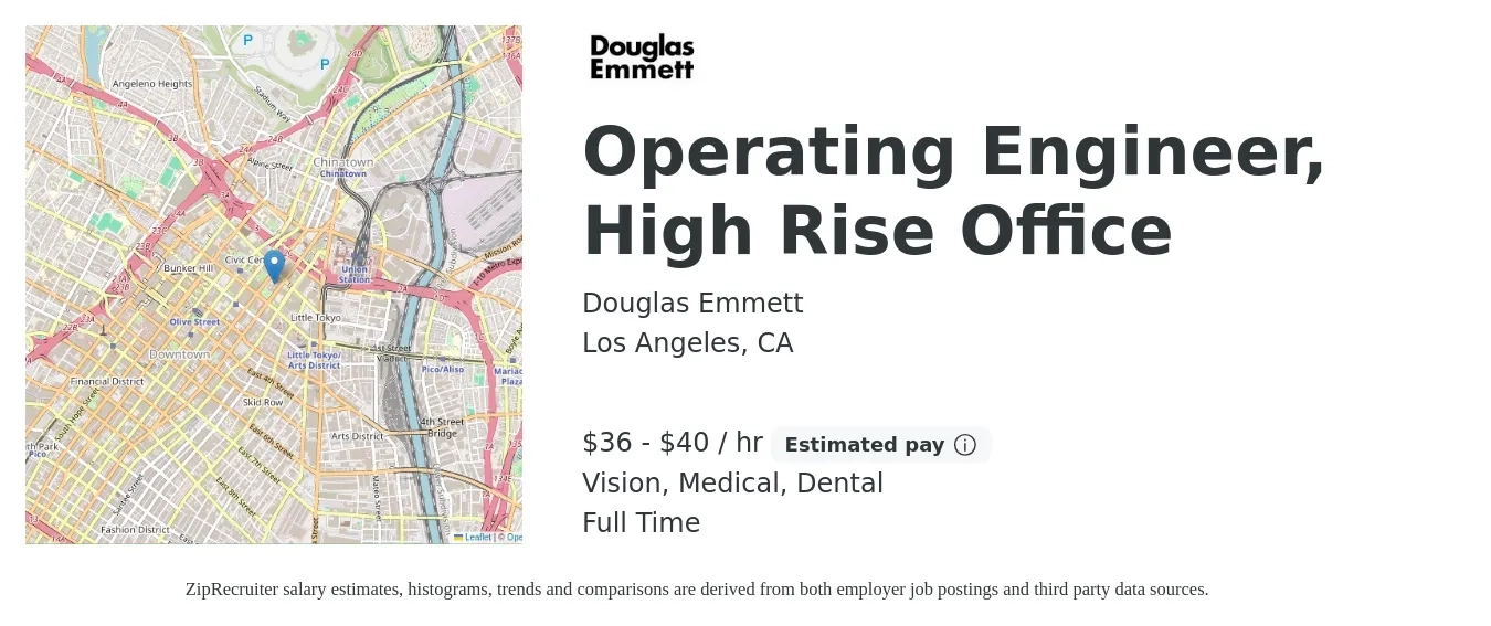 Douglas Emmett job posting for a Operating Engineer, High Rise Office in Los Angeles, CA with a salary of $38 to $42 Hourly and benefits including vision, dental, life_insurance, medical, and retirement with a map of Los Angeles location.