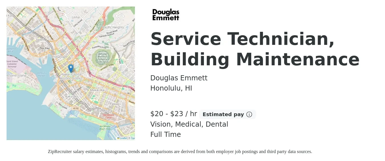 Douglas Emmett job posting for a Service Technician, Building Maintenance in Honolulu, HI with a salary of $21 to $24 Hourly and benefits including retirement, vision, dental, life_insurance, and medical with a map of Honolulu location.