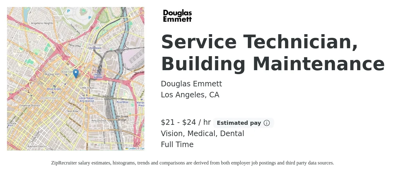Douglas Emmett job posting for a Service Technician, Building Maintenance in Los Angeles, CA with a salary of $22 to $25 Hourly and benefits including medical, retirement, vision, dental, and life_insurance with a map of Los Angeles location.