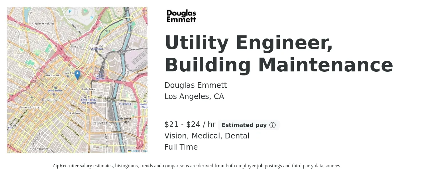 Douglas Emmett job posting for a Utility Engineer, Building Maintenance in Los Angeles, CA with a salary of $22 to $25 Hourly and benefits including retirement, vision, dental, life_insurance, medical, and pto with a map of Los Angeles location.