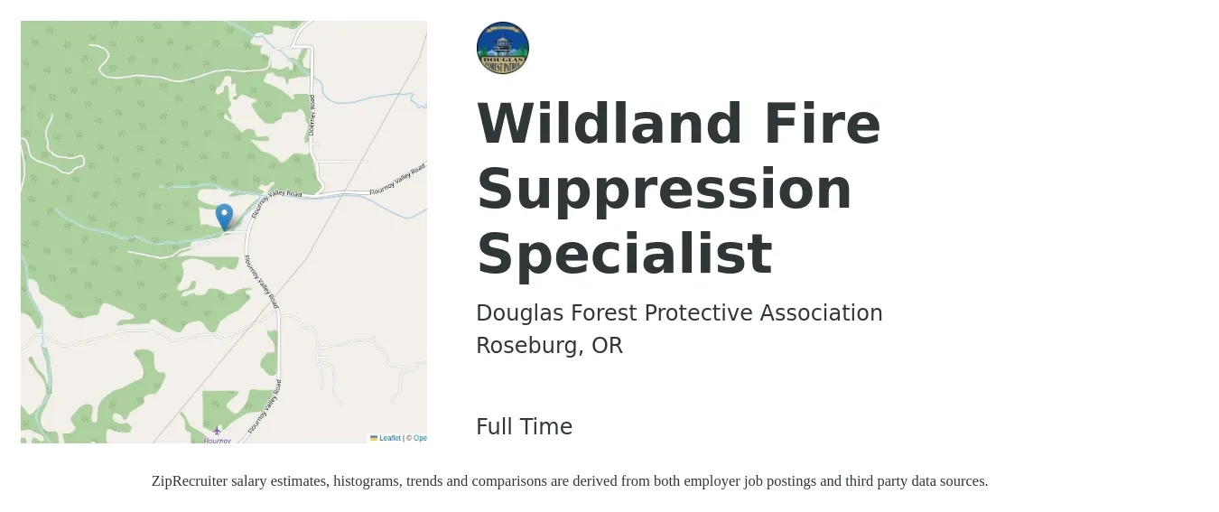 Douglas Forest Protective Association job posting for a Wildland Fire Suppression Specialist in Roseburg, OR with a salary of $51,400 to $66,300 Yearly with a map of Roseburg location.