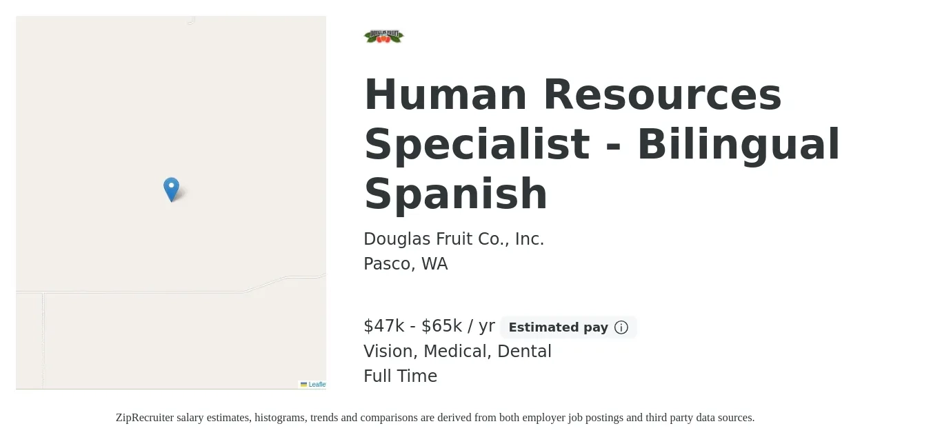Douglas Fruit Co., Inc. job posting for a Human Resources Specialist - Bilingual Spanish in Pasco, WA with a salary of $47,000 to $65,000 Yearly and benefits including medical, pto, retirement, vision, and dental with a map of Pasco location.