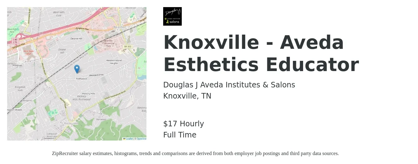 Douglas J Aveda Institutes & Salons job posting for a Knoxville - Aveda Esthetics Educator in Knoxville, TN with a salary of $18 Hourly with a map of Knoxville location.