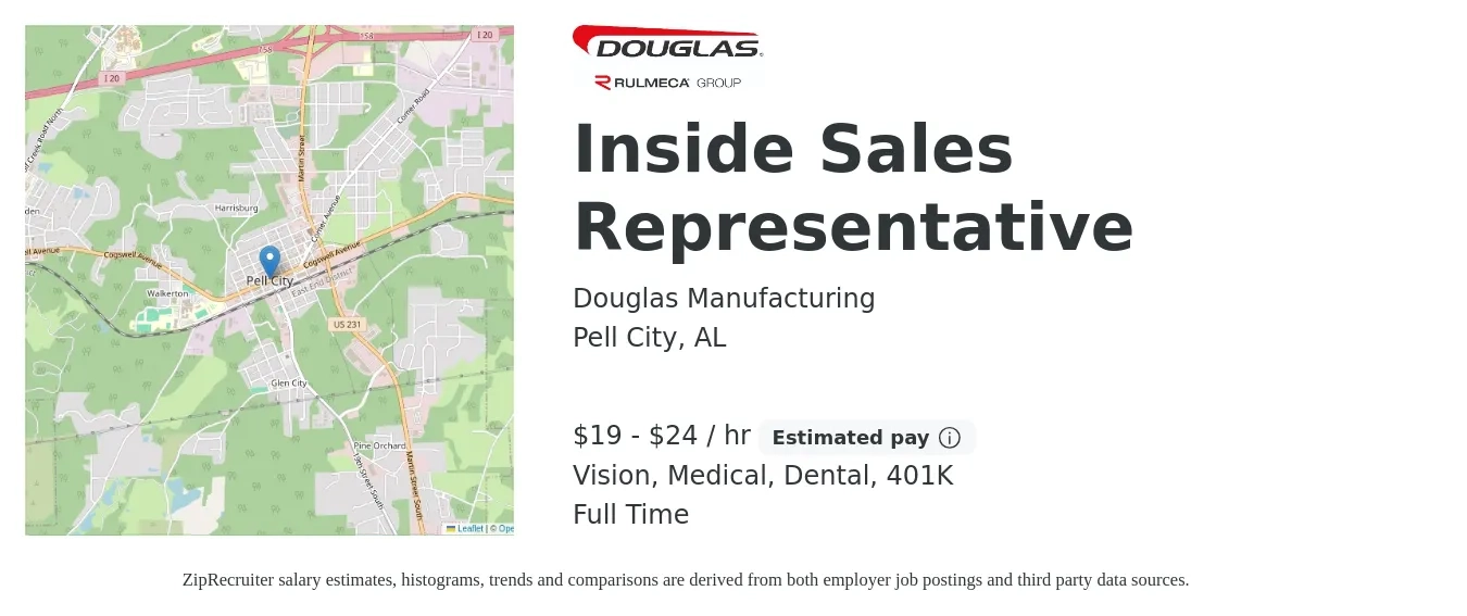 Douglas Manufacturing job posting for a Inside Sales Representative in Pell City, AL with a salary of $20 to $25 Hourly (plus commission) and benefits including medical, vision, 401k, dental, and life_insurance with a map of Pell City location.