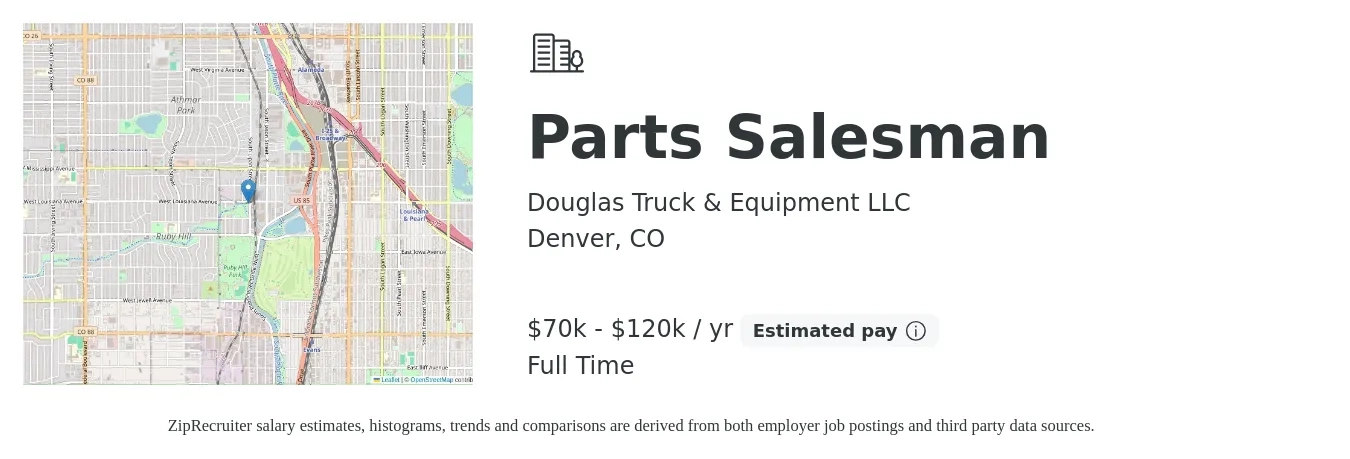 Douglas Truck & Equipment LLC job posting for a Parts Salesman in Denver, CO with a salary of $70,000 to $120,000 Yearly with a map of Denver location.