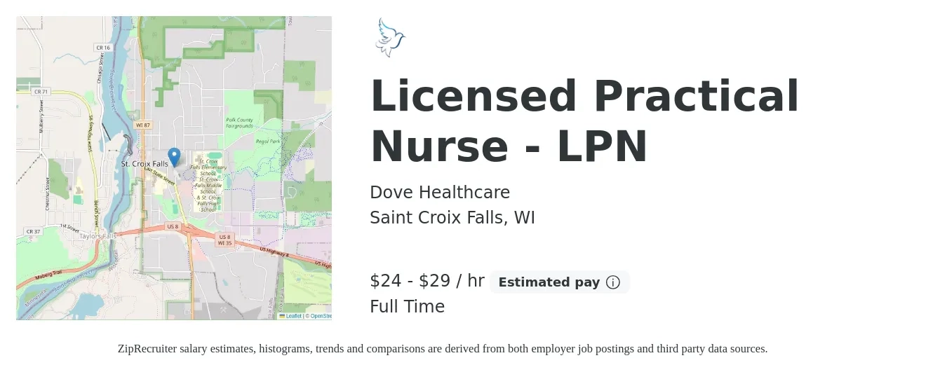 Dove Healthcare job posting for a Licensed Practical Nurse - LPN in Saint Croix Falls, WI with a salary of $25 to $31 Hourly with a map of Saint Croix Falls location.