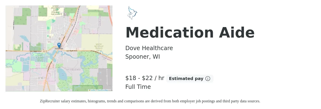 Dove Healthcare job posting for a Medication Aide in Spooner, WI with a salary of $20 to $23 Hourly with a map of Spooner location.