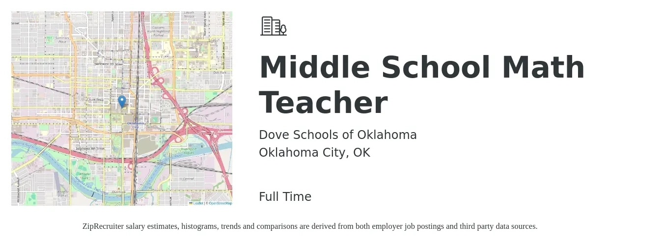 Dove Schools of Oklahoma job posting for a Middle School Math Teacher in Oklahoma City, OK with a salary of $43,700 to $56,700 Yearly with a map of Oklahoma City location.