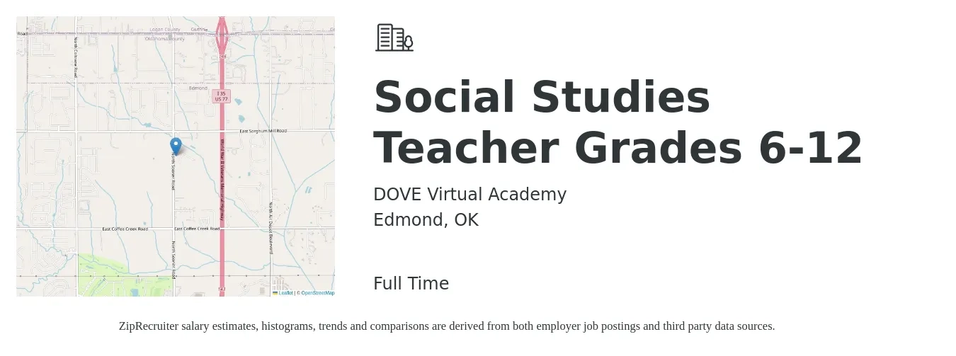 DOVE Virtual Academy job posting for a Social Studies Teacher Grades 6-12 in Edmond, OK with a salary of $38,100 to $51,600 Yearly with a map of Edmond location.