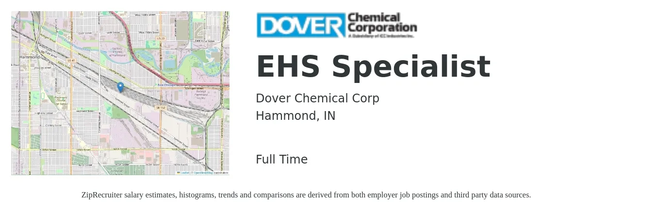 Dover Chemical Corp job posting for a EHS Specialist in Hammond, IN with a salary of $58,300 to $83,200 Yearly with a map of Hammond location.