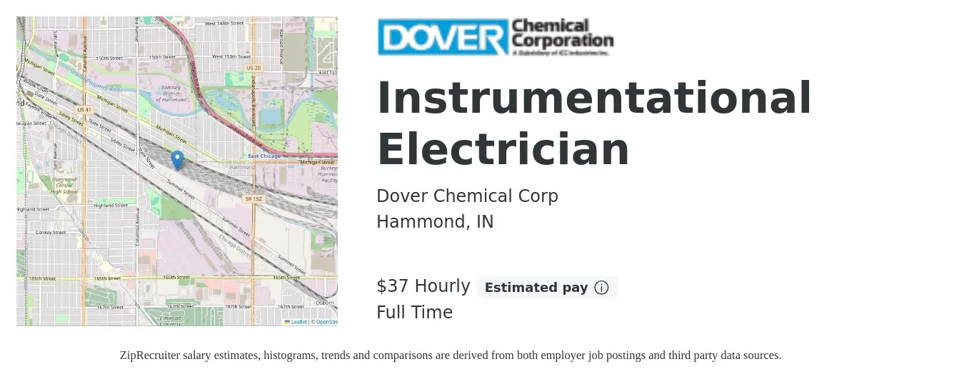 Dover Chemical Corp job posting for a Instrumentational Electrician in Hammond, IN with a salary of $39 Hourly with a map of Hammond location.