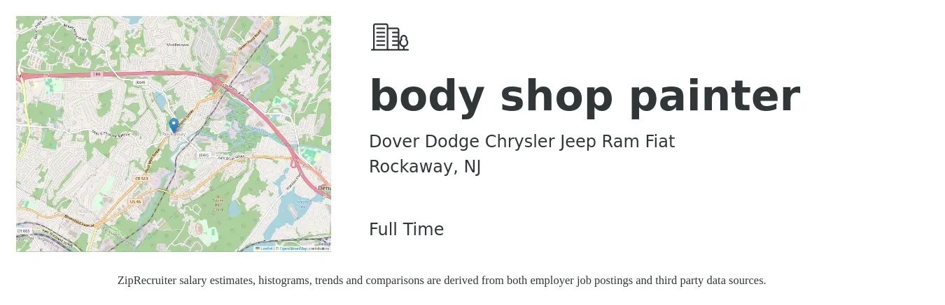 Dover Dodge Chrysler Jeep Ram Fiat job posting for a body shop painter in Rockaway, NJ with a salary of $20 to $30 Hourly with a map of Rockaway location.