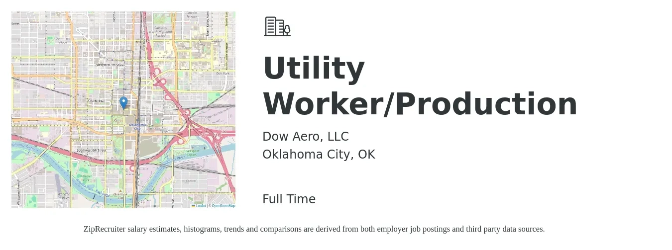 Dow Aero, LLC job posting for a Utility Worker/Production in Oklahoma City, OK with a salary of $15 to $20 Hourly with a map of Oklahoma City location.