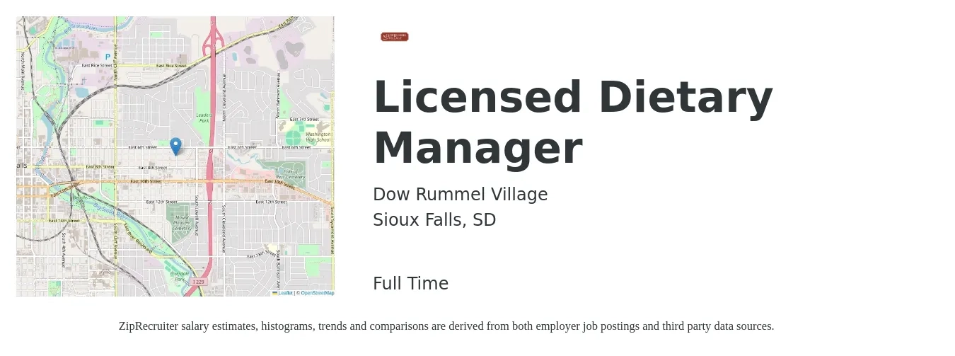 Dow Rummel Village job posting for a Licensed Dietary Manager in Sioux Falls, SD with a salary of $18 to $29 Hourly with a map of Sioux Falls location.