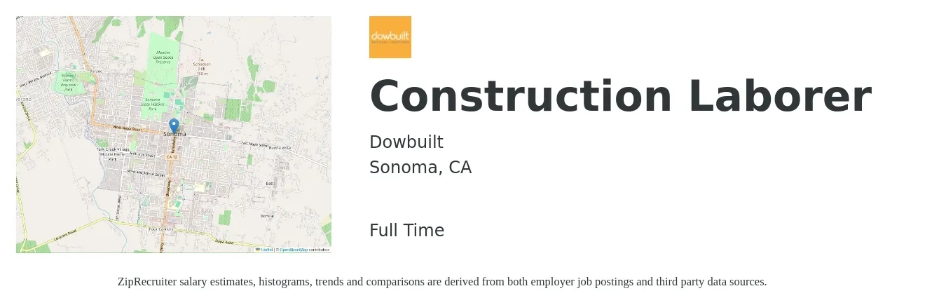 Dowbuilt job posting for a Construction Laborer in Sonoma, CA with a salary of $22 to $28 Hourly with a map of Sonoma location.