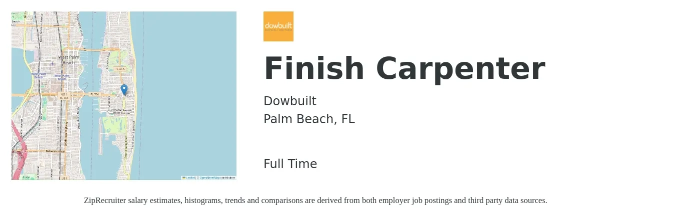 Dowbuilt job posting for a Finish Carpenter in Palm Beach, FL with a salary of $24 to $31 Hourly with a map of Palm Beach location.