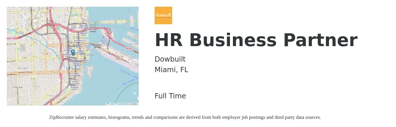 Dowbuilt job posting for a HR Business Partner in Miami, FL with a salary of $68,900 to $98,000 Yearly with a map of Miami location.