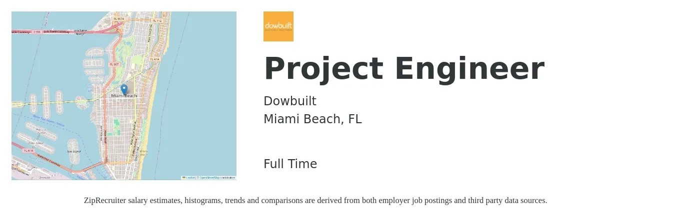 Dowbuilt job posting for a Project Engineer in Miami Beach, FL with a salary of $73,100 to $102,200 Yearly with a map of Miami Beach location.