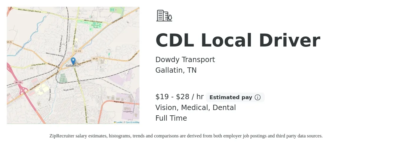Dowdy Transport job posting for a CDL Local Driver in Gallatin, TN with a salary of $20 to $30 Hourly and benefits including vision, dental, life_insurance, medical, and pto with a map of Gallatin location.