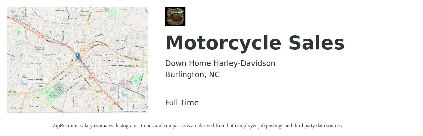 Down Home Harley-Davidson job posting for a Motorcycle Sales in Burlington, NC with a salary of $13 to $21 Hourly with a map of Burlington location.