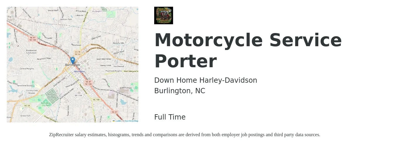 Down Home Harley-Davidson job posting for a Motorcycle Service Porter in Burlington, NC with a salary of $12 to $15 Hourly with a map of Burlington location.