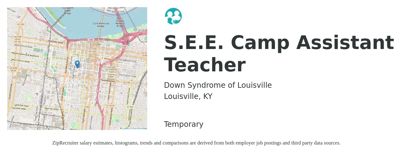 Down Syndrome of Louisville job posting for a S.E.E. Camp Assistant Teacher in Louisville, KY with a salary of $13 to $16 Hourly with a map of Louisville location.