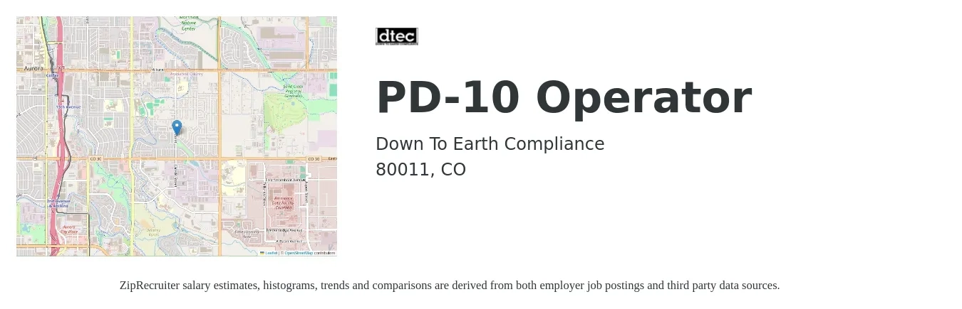 Down To Earth Compliance job posting for a PD-10 Operator in 80011, CO with a salary of $18 to $24 Hourly with a map of 80011 location.