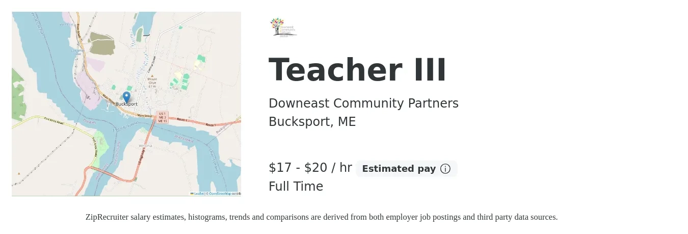 Downeast Community Partners job posting for a Teacher III in Bucksport, ME with a salary of $18 to $21 Hourly with a map of Bucksport location.