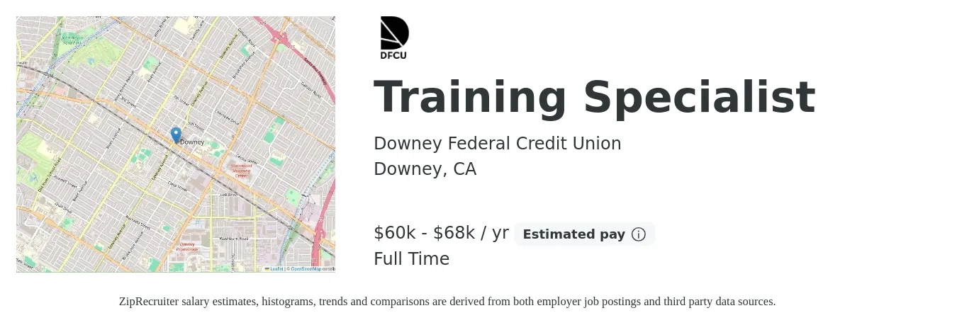 Downey Federal Credit Union job posting for a Training Specialist in Downey, CA with a salary of $60,000 to $68,000 Yearly with a map of Downey location.