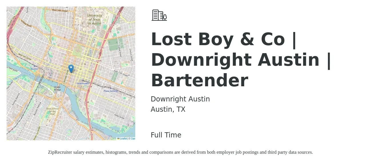 Downright Austin job posting for a Lost Boy & Co | Downright Austin | Bartender in Austin, TX with a salary of $7 Hourly with a map of Austin location.