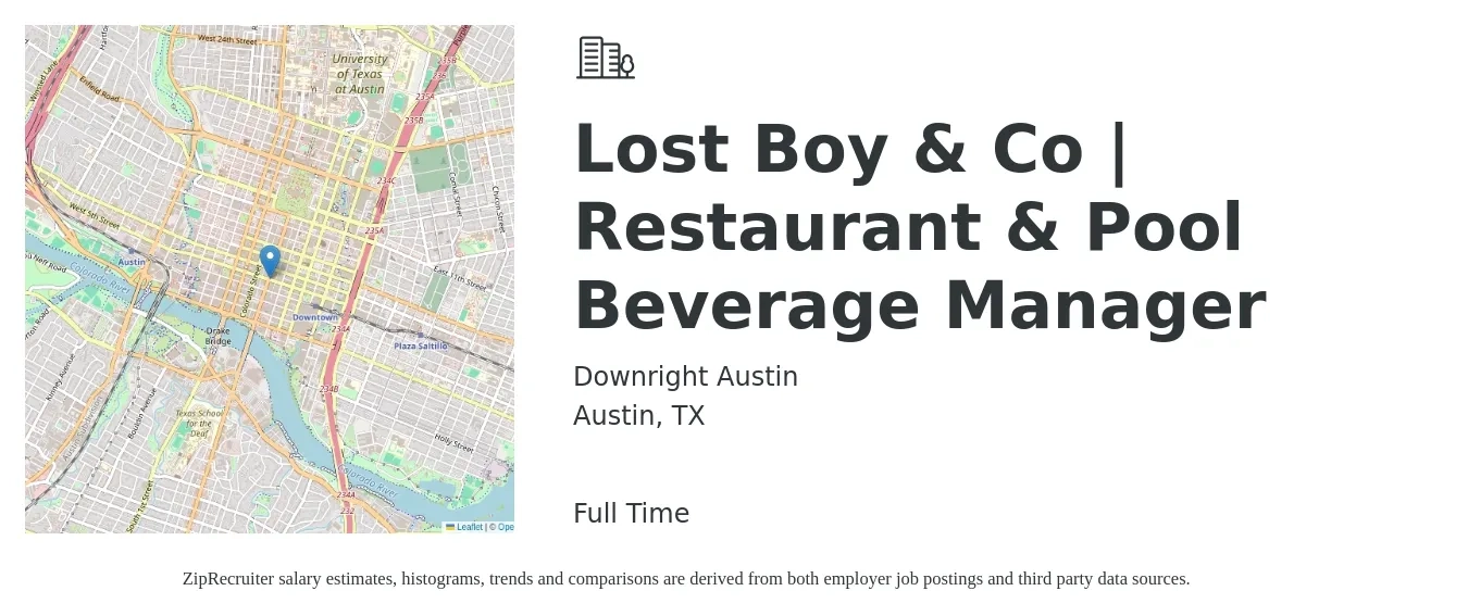 Downright Austin job posting for a Lost Boy & Co | Restaurant & Pool Beverage Manager in Austin, TX with a salary of $44,600 to $62,900 Yearly with a map of Austin location.