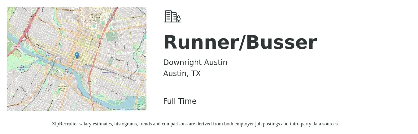 Downright Austin job posting for a Runner/Busser in Austin, TX with a salary of $11 to $16 Hourly with a map of Austin location.
