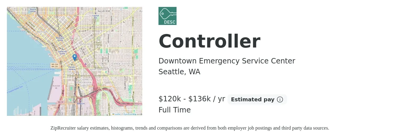 Downtown Emergency Service Center job posting for a Controller in Seattle, WA with a salary of $120,443 to $136,280 Yearly with a map of Seattle location.