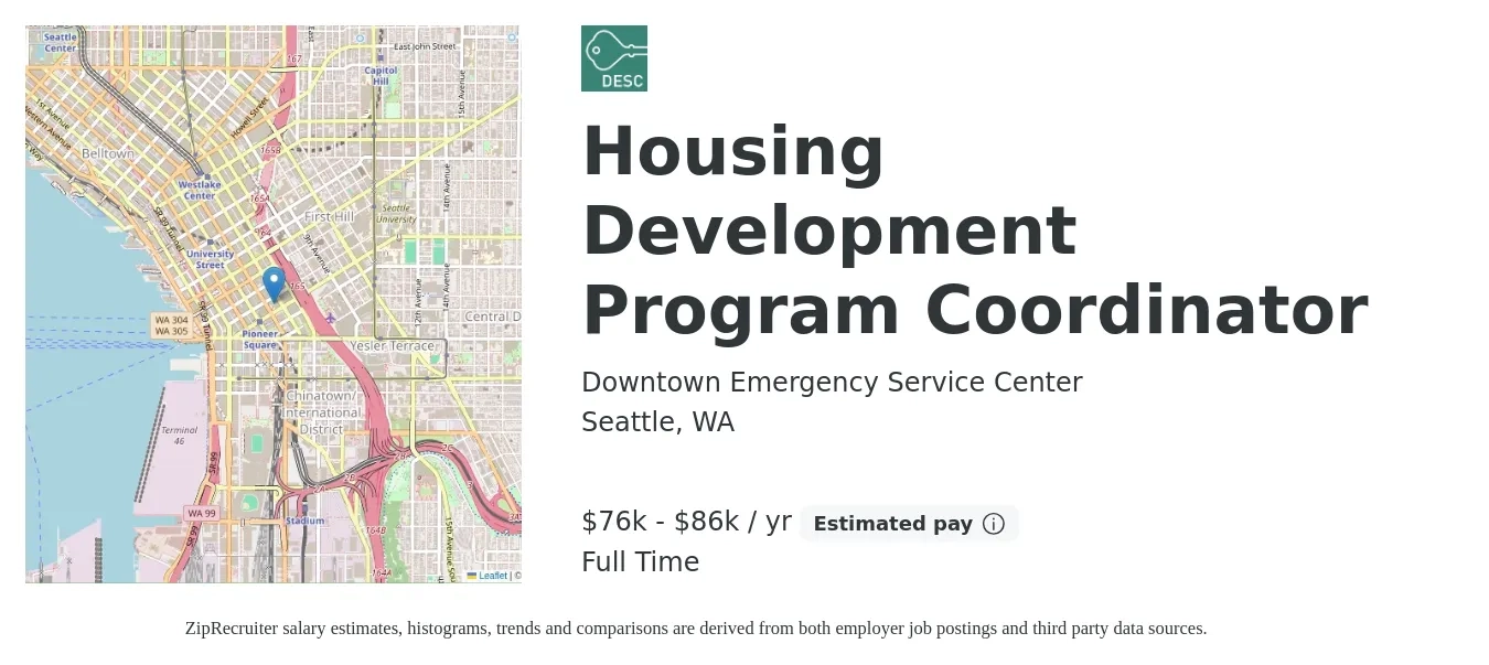 Downtown Emergency Service Center job posting for a Housing Development Program Coordinator in Seattle, WA with a salary of $76,130 to $86,156 Yearly with a map of Seattle location.