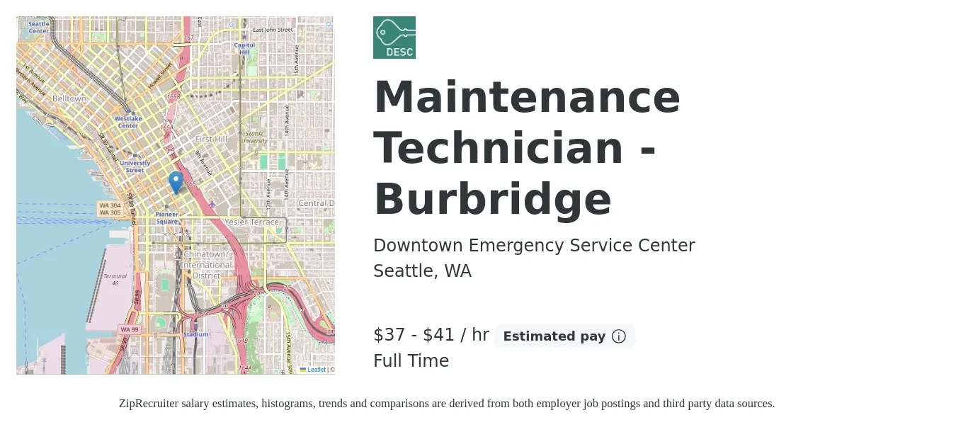 Downtown Emergency Service Center job posting for a Maintenance Technician - Burbridge in Seattle, WA with a salary of $39 to $43 Hourly with a map of Seattle location.
