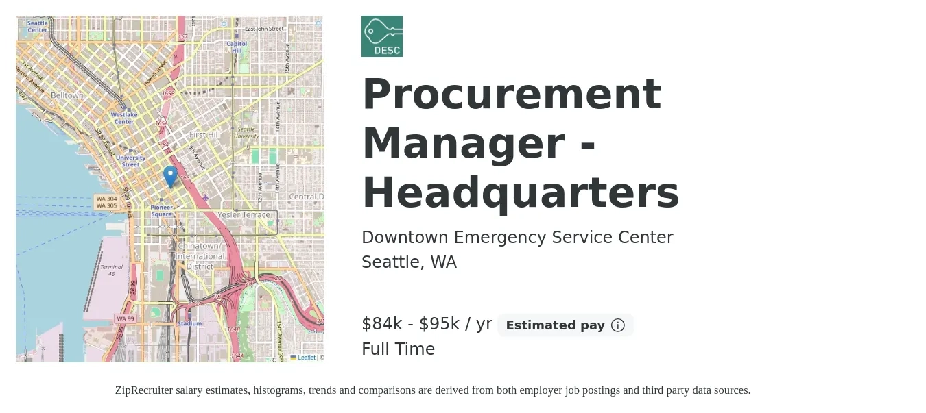 Downtown Emergency Service Center job posting for a Procurement Manager - Headquarters in Seattle, WA with a salary of $84,607 to $95,754 Yearly with a map of Seattle location.