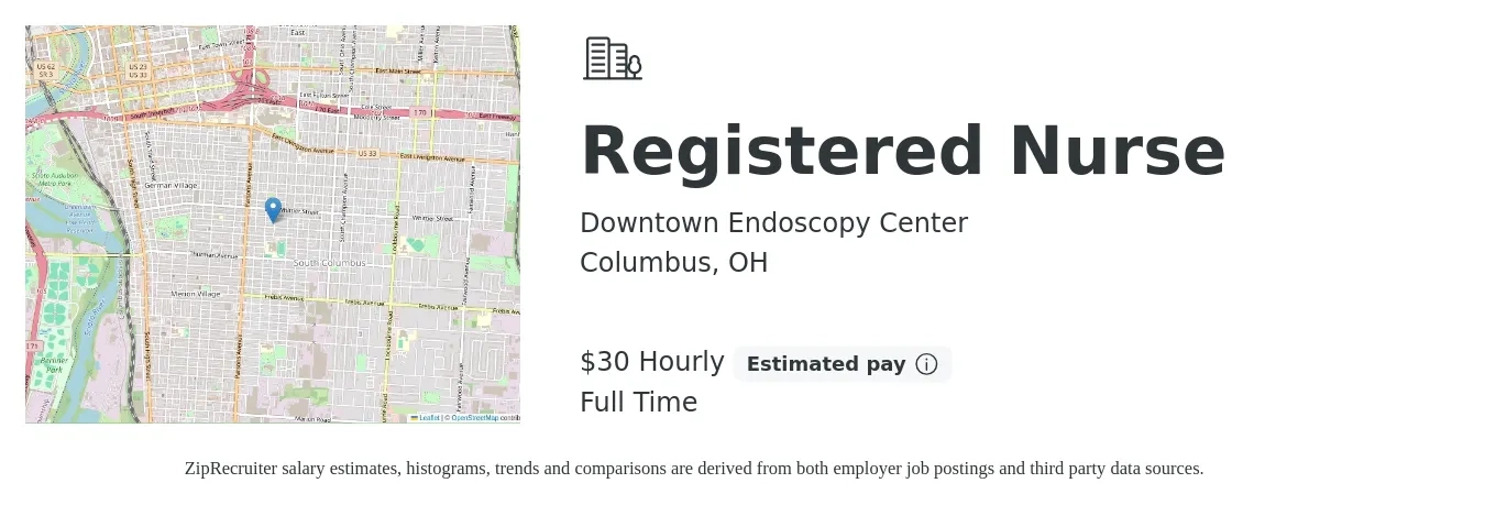 Downtown Endoscopy Center job posting for a Registered Nurse in Columbus, OH with a salary of $32 Hourly with a map of Columbus location.