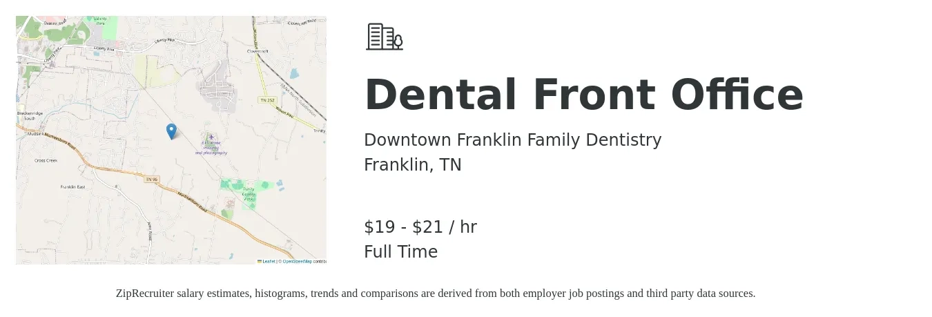 Downtown Franklin Family Dentistry job posting for a Dental Front Office in Franklin, TN with a salary of $18 to $23 Hourly with a map of Franklin location.