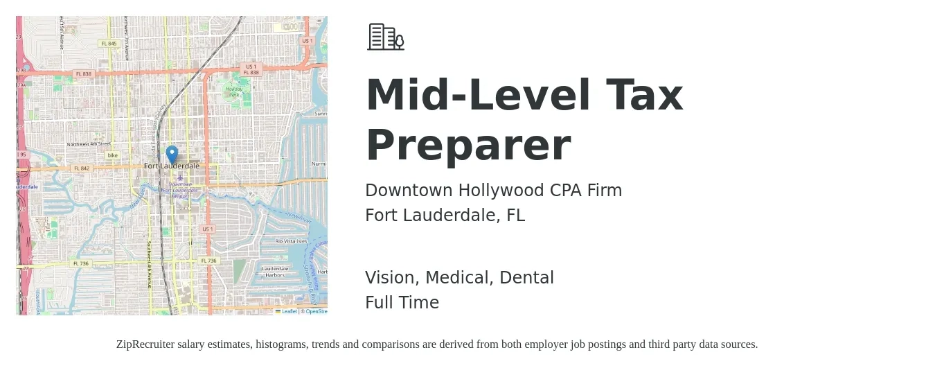 Downtown Hollywood CPA Firm job posting for a Mid-Level Tax Preparer in Fort Lauderdale, FL with a salary of $13 to $19 Hourly and benefits including dental, medical, pto, and vision with a map of Fort Lauderdale location.