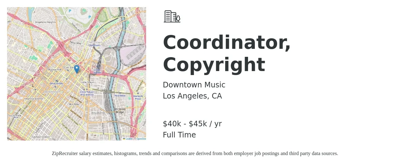 Downtown Music job posting for a Coordinator, Copyright in Los Angeles, CA with a salary of $40,000 to $45,000 Yearly with a map of Los Angeles location.
