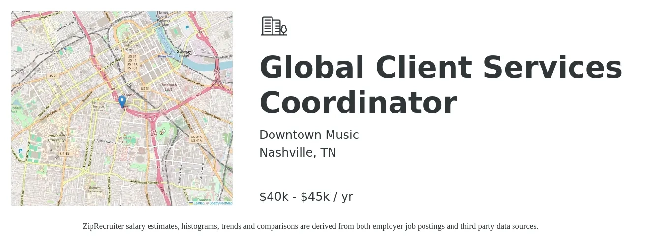 Downtown Music job posting for a Global Client Services Coordinator in Nashville, TN with a salary of $40,000 to $45,000 Yearly with a map of Nashville location.