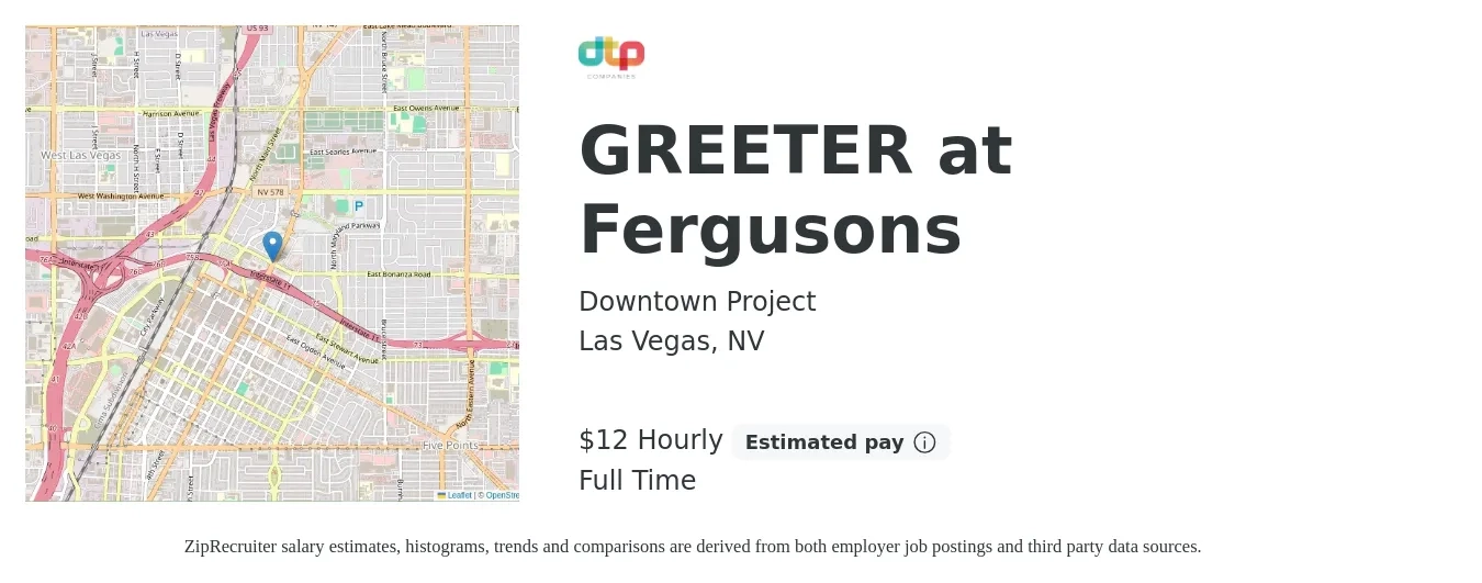 Downtown Project job posting for a GREETER at Fergusons in Las Vegas, NV with a salary of $13 Hourly with a map of Las Vegas location.