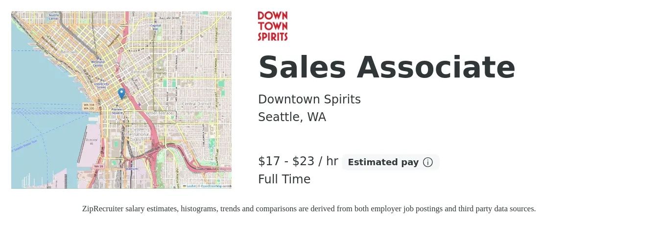 Downtown Spirits job posting for a Sales Associate in Seattle, WA with a salary of $18 to $24 Hourly with a map of Seattle location.