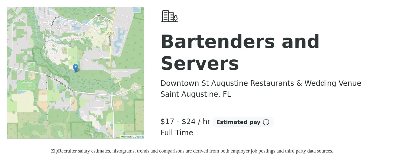 Downtown St Augustine Restaurants & Wedding Venue job posting for a Bartenders and Servers in Saint Augustine, FL with a salary of $18 to $25 Hourly with a map of Saint Augustine location.