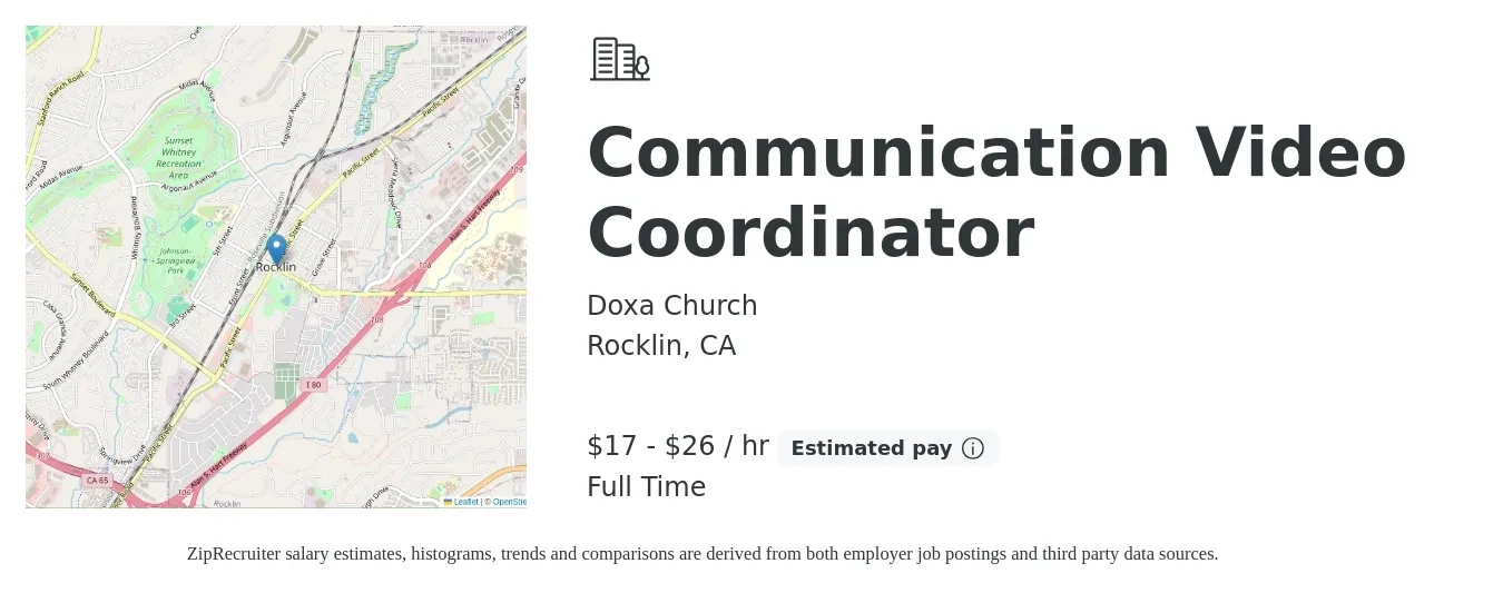 Doxa Church job posting for a Communication Video Coordinator in Rocklin, CA with a salary of $18 to $28 Hourly with a map of Rocklin location.