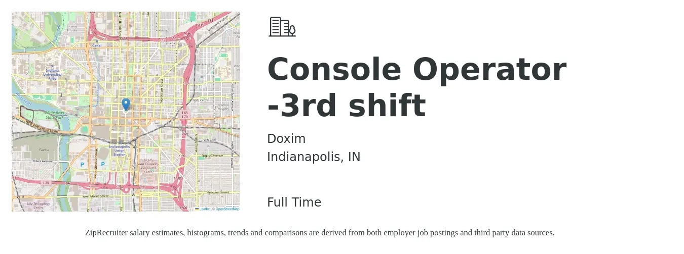 Doxim job posting for a Console Operator -3rd shift in Indianapolis, IN with a salary of $16 to $20 Hourly with a map of Indianapolis location.