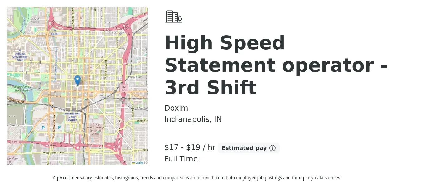 Doxim job posting for a High Speed Statement operator - 3rd Shift in Indianapolis, IN with a salary of $18 to $20 Hourly with a map of Indianapolis location.