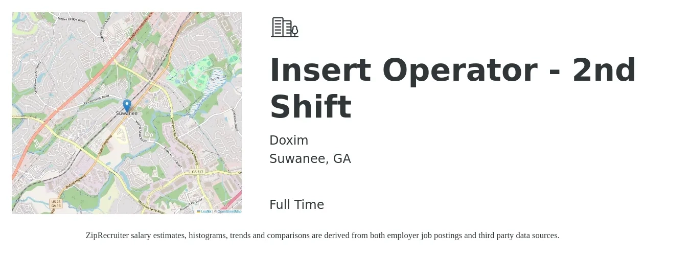 Doxim job posting for a Insert Operator - 2nd Shift in Suwanee, GA with a salary of $16 to $18 Hourly with a map of Suwanee location.